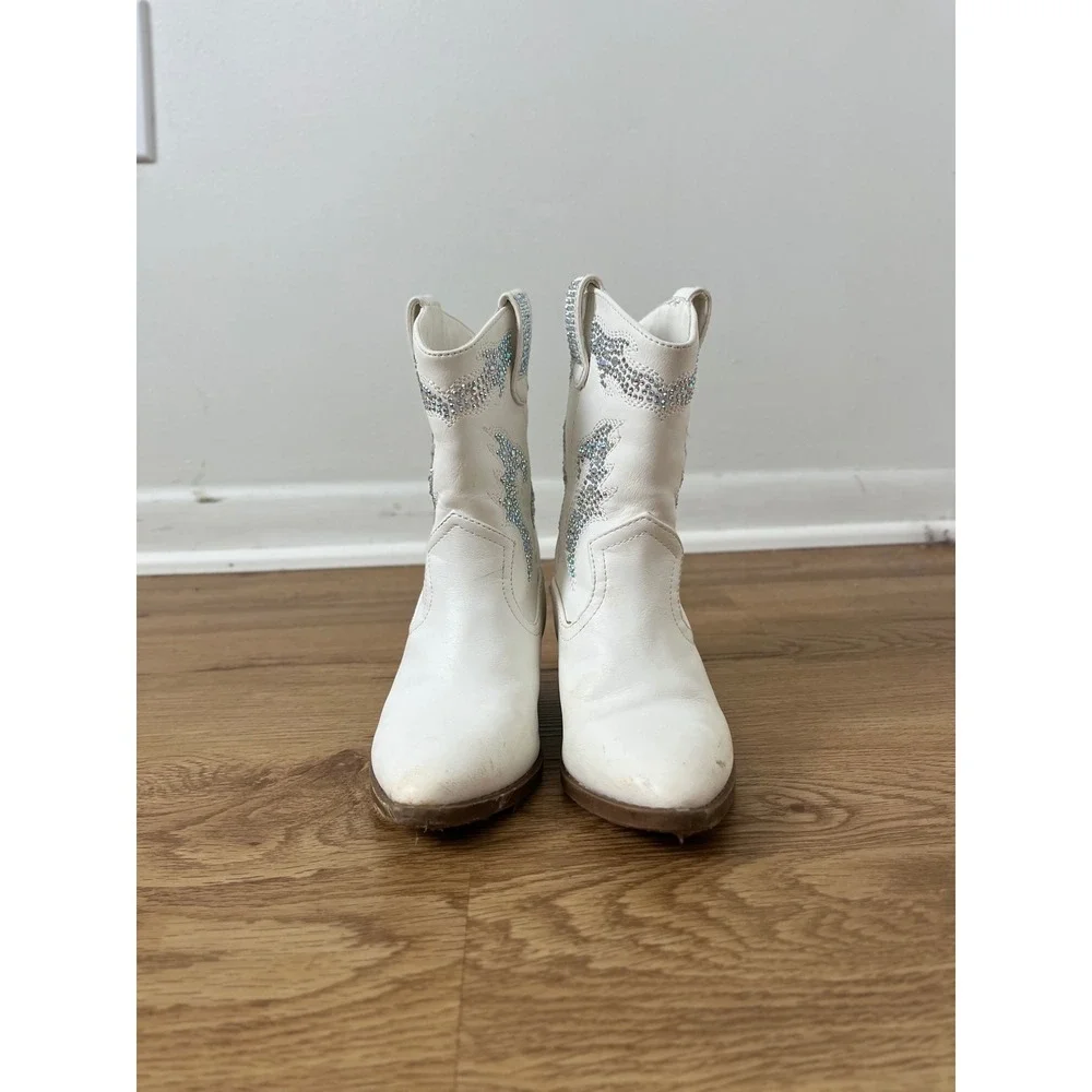 Western Rhinestone Cowgirl Boots Kids 9 White Sparkle Flame Pointed‎ Toe